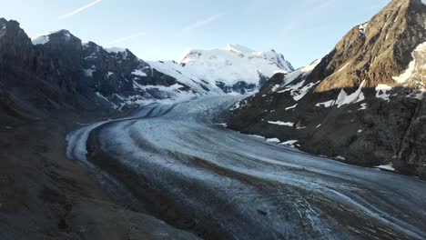 Aerial-view-of-sunrise-at-Corbassiere-glacier-in-Valais,-Switzerland