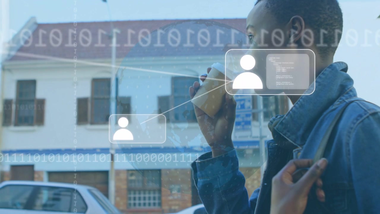 Woman walking past street sipping coffee causing globe user icons floating near cup showing tech