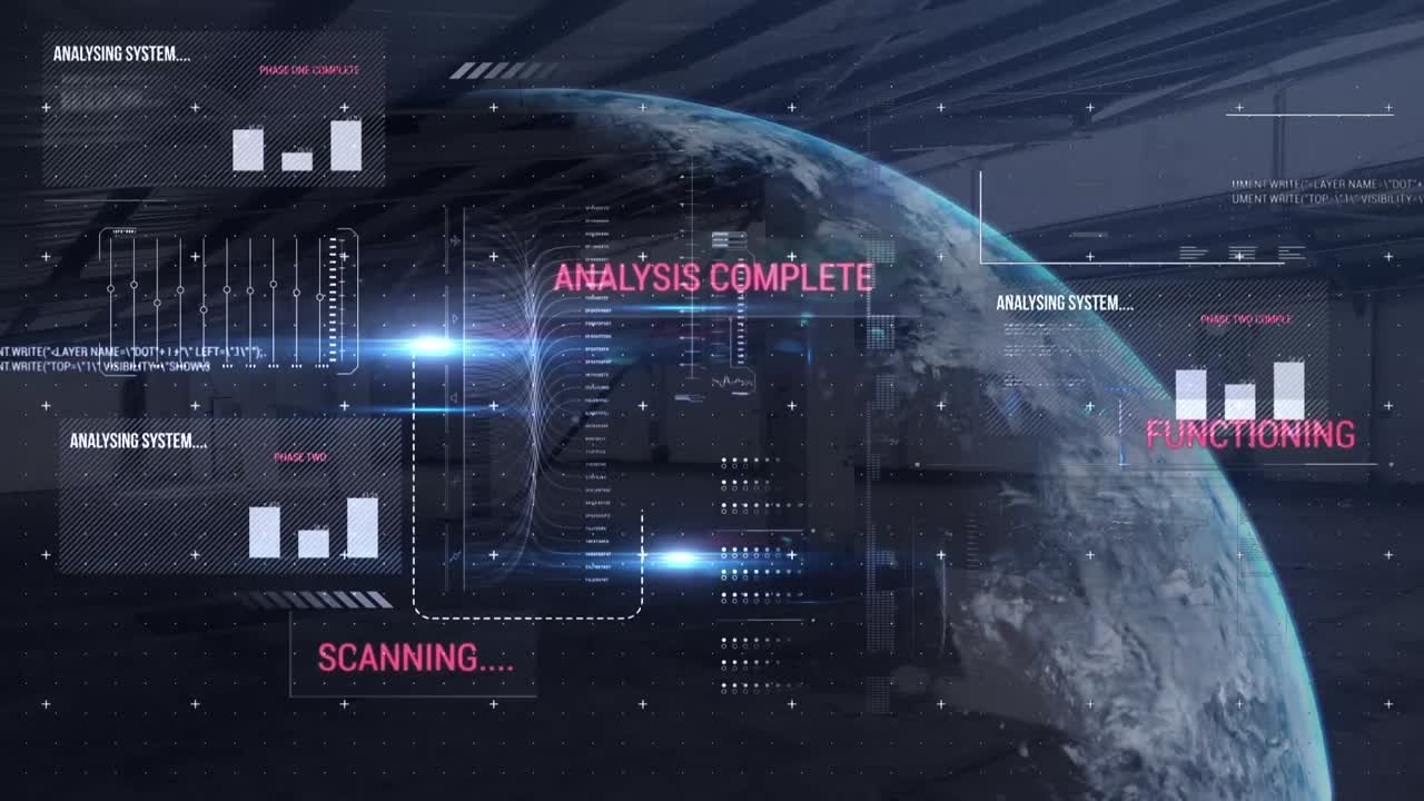Animation of financial data processing and globe over empty room