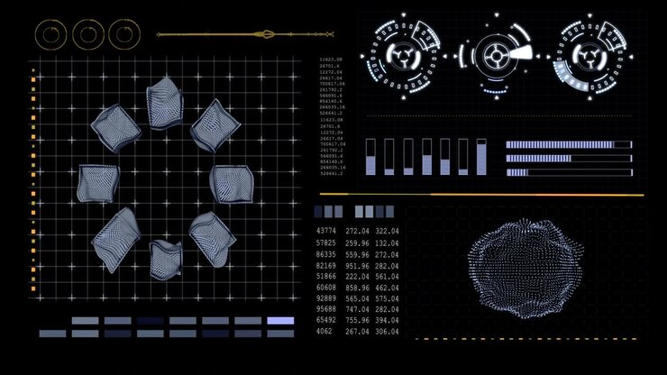 HUD technological futuristic elements. Elements of the sci-fi circle appear and disappear in the HUD pattern. Graph, Scale, Text, Rotation, Animation. Statistical data.