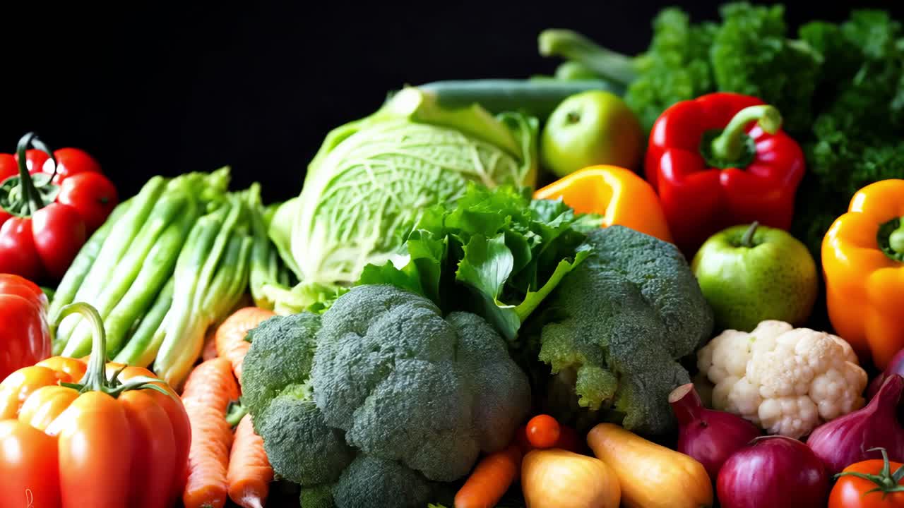 Vibrant fresh produce arranged with colorful whole vegetables and fruits, showcasing natural variety and nutritional richness against sleek black background