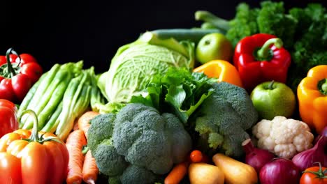 vibrant fresh produce arranged with colorful whole vegetables and fruits, showcasing natural variety and nutritional richness against sleek black background
