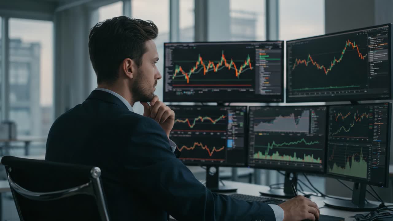 A Focused Individual Analyzing Stock Market Trends Through Multiple Monitors, Capturing Insights to Make Informed Investment Decisions in a Modern Trading Environment