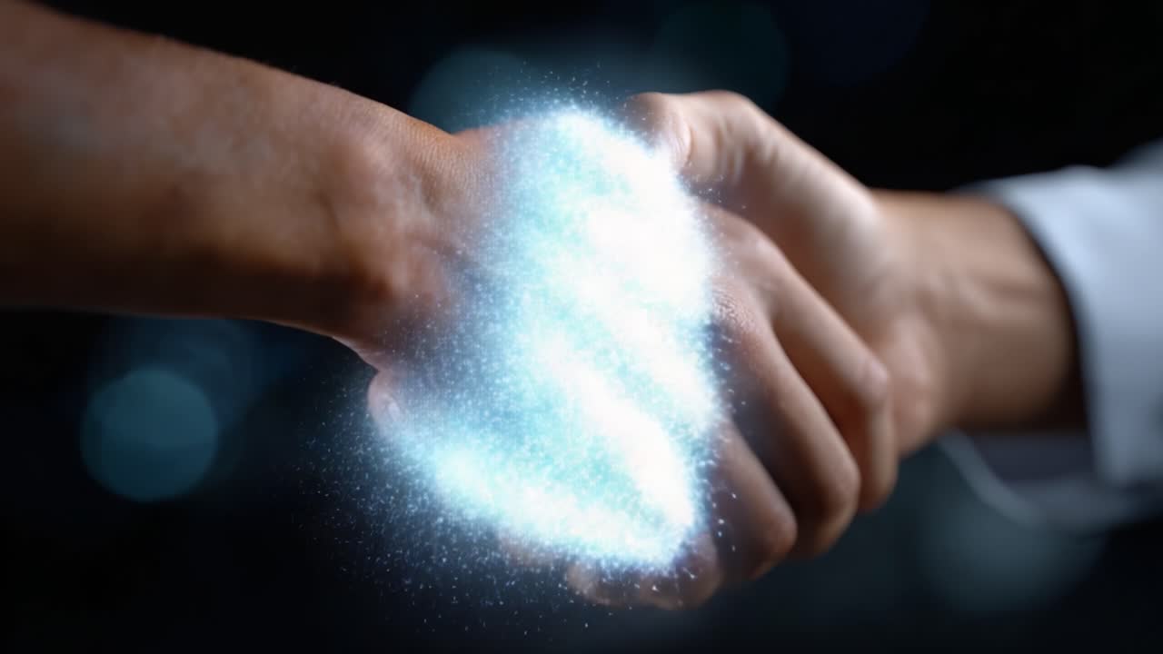 A Symbolic Handshake Representing Connection and Transformation Through an Ethereal Display of Sparkling Light and Energy in a Dark Setting