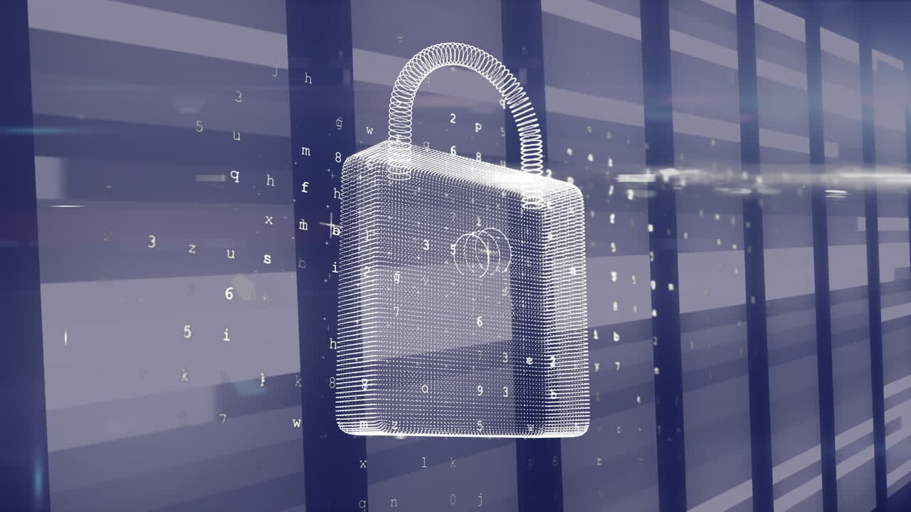 Animation of digital padlock and letters over violet servers