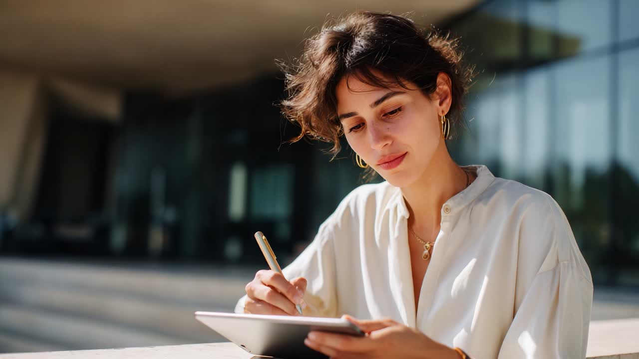 Young woman focused and engaged in digital art creation, utilizing a tablet outdoors, showcasing creativity and concentration against a modern architectural backdrop, with natural lighting enhancing the scene