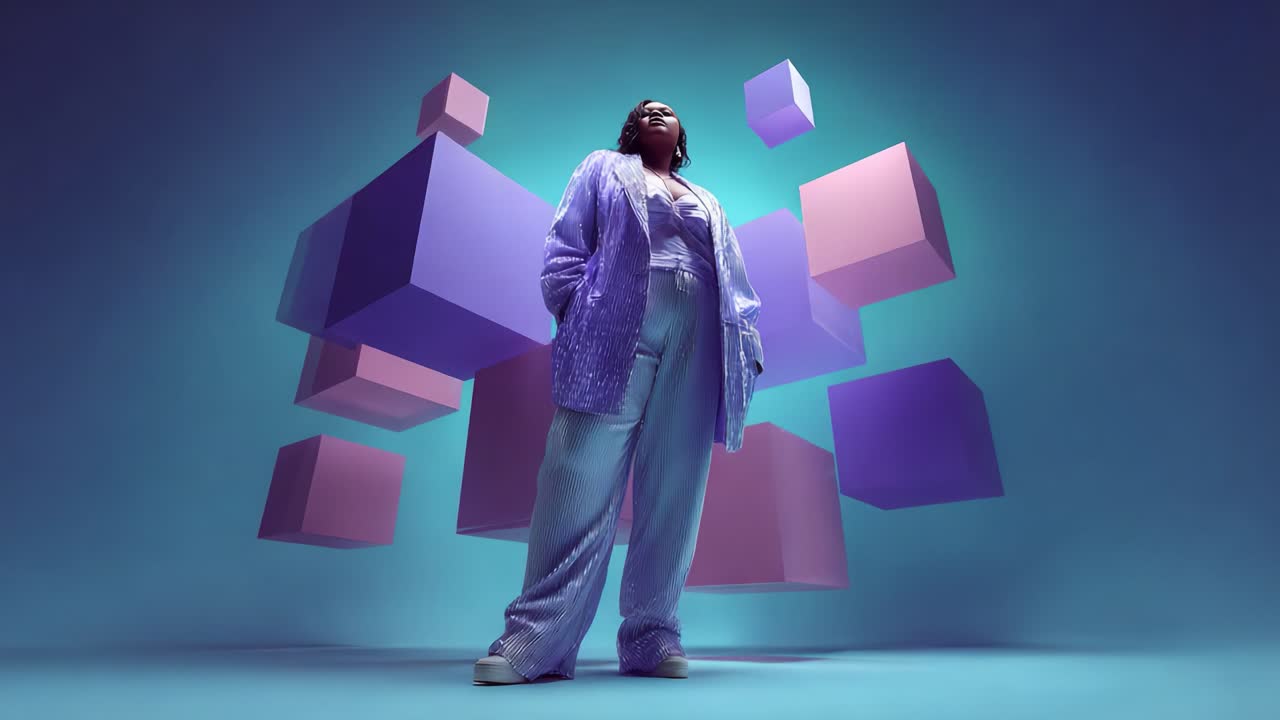 A confident figure stands amidst vibrant 3D geometric shapes in a striking visual composition, blending fashion and modern art in a captivating artistic representation