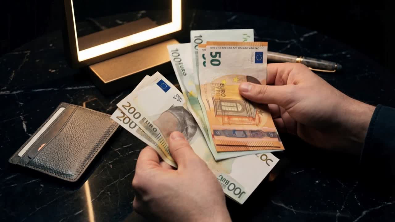Primo piano di mani che contano valuta euro vicino a un portafoglio e una penna sotto un'illuminazione soffusa che mostra la gestione delle finanze personali