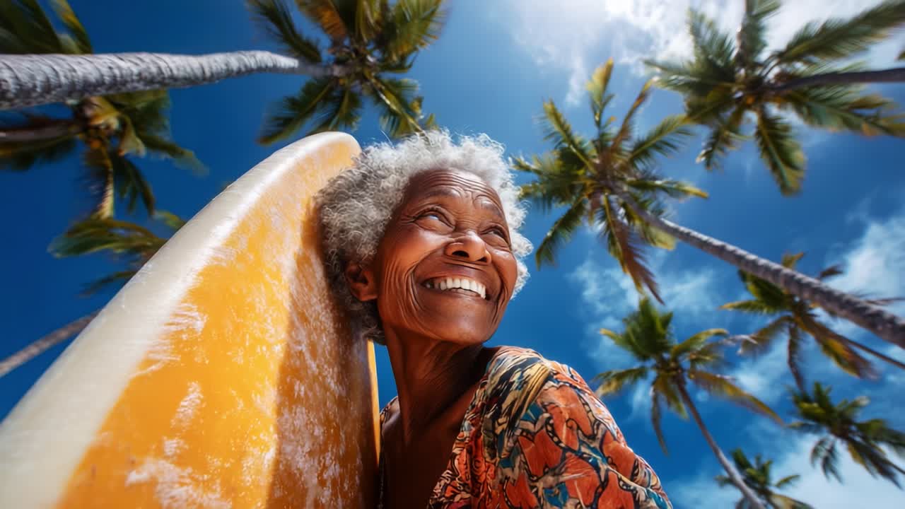 Una gioiosa anziana abbraccia la sua tavola da surf in un paradiso tropicale, circondata da palme vivaci e un cielo azzurro, irradiando felicità e amore per l'avventura del surf