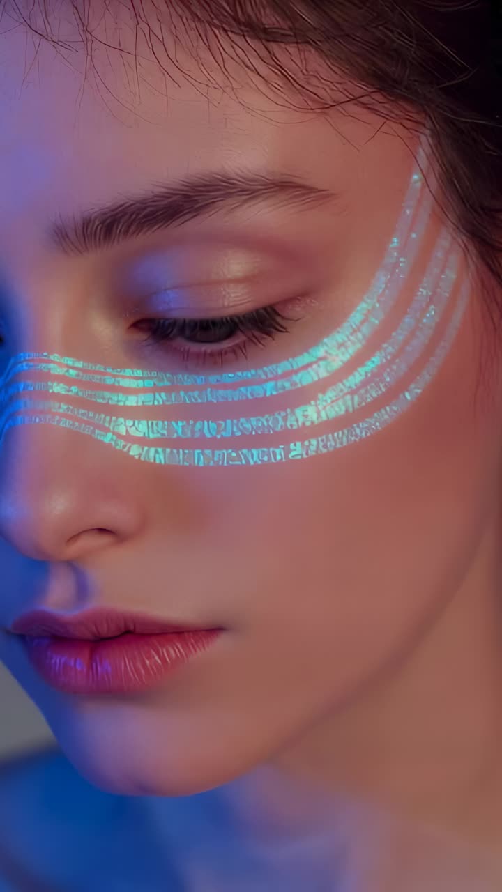 Vertical video: Lifting head, model opening eye in studio as cyan scan unfolding, magenta-blue bars