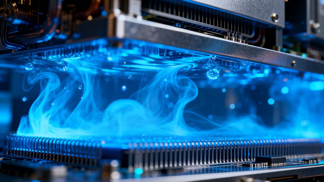 Reacting to component heat metal heat sink PCB assembly emitting rising coolant plumes in lab