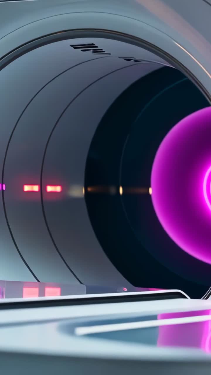 Video verticale: sfera viola brillante che emerge all'estremità di un cilindro attivando anelli al neon rotanti in un laboratorio