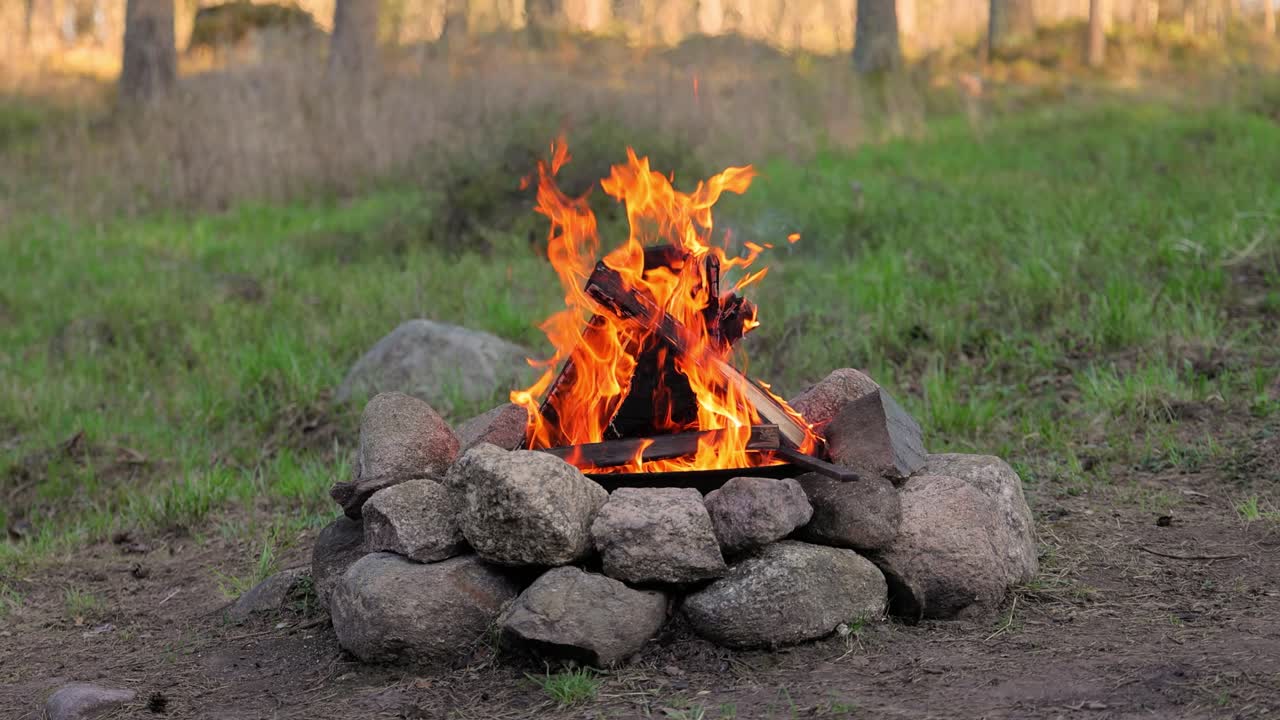 숲 에서 캠프 불 을 태우고 있다