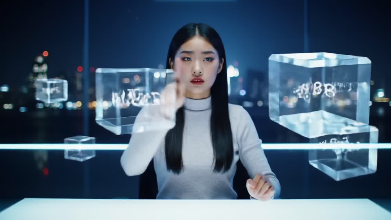 A Futuristic Display of Technology: A Young Woman Manipulates Holographic Data Cubes in a High-Tech Environment, Showcasing Innovation and Digital Interaction