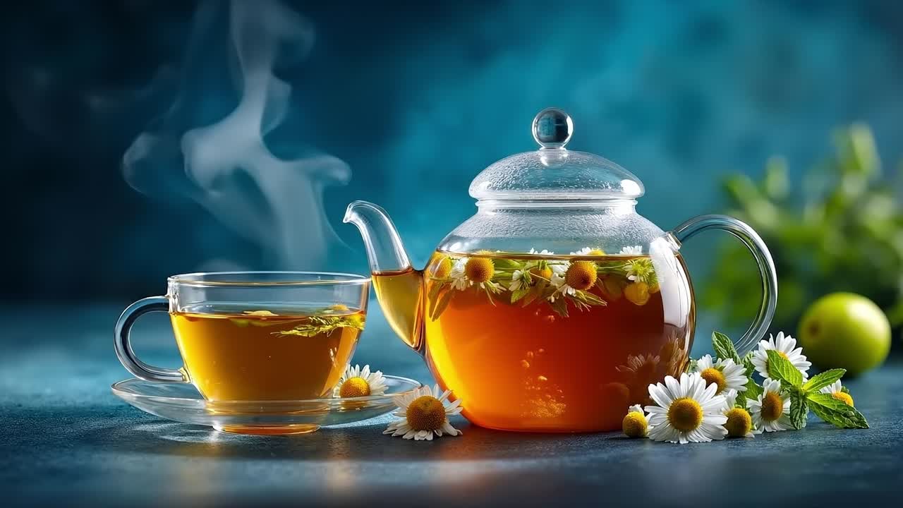 테이블 위 에 꽃 이 있는 차 과 차 한 잔