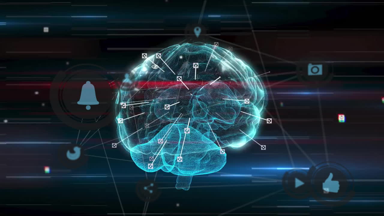 Animation of media icons over rotating brain and medical data processing