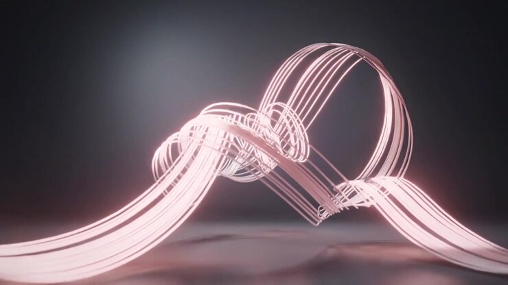 Sweeping in from left, ribbon bands reshaping in dark studio, mirroring on glossy floor