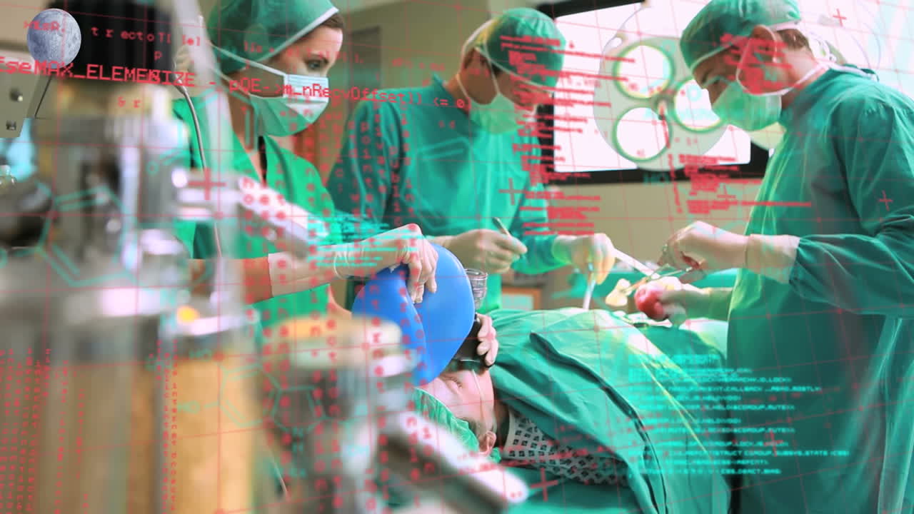 수술실에서 다양한 외과의사에 대한 데이터 처리의 애니메이션