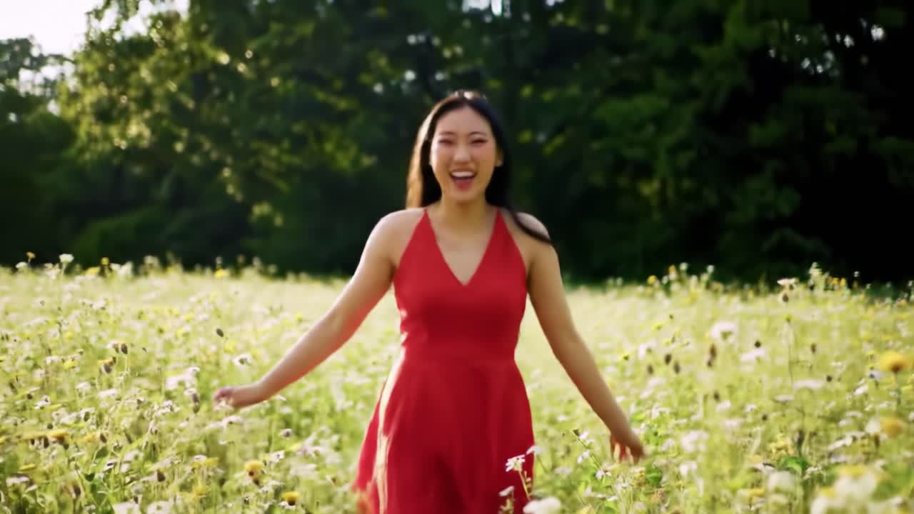 A joyful woman dressed in a vibrant red dress dances through a blooming field filled with wildflowers, embodying happiness and freedom amidst nature's beauty