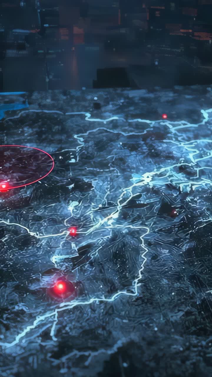 Vertical video: Running hologram showing terrain map in control room with scanning pink ring