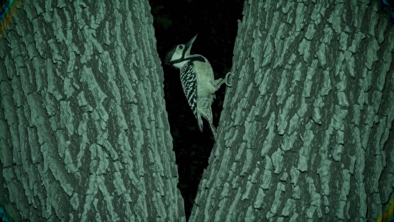 Night vision video style showing a woodpecker on a tree trunk. The camera angle is a close-up