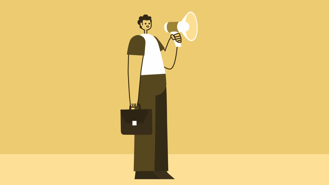 Yellow Style Man with Briefcase Flat Character Speaking into Loudspeaker. Isolated Loop Animation with Alpha Channel