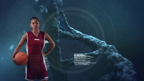 animación de procesamiento de datos y cadena de adn sobre una jugadora de baloncesto afroamericana