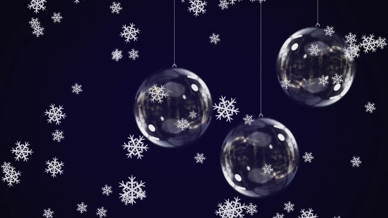 animación digital de copos de nieve cayendo sobre decoraciones de joyas colgando contra un fondo azul
