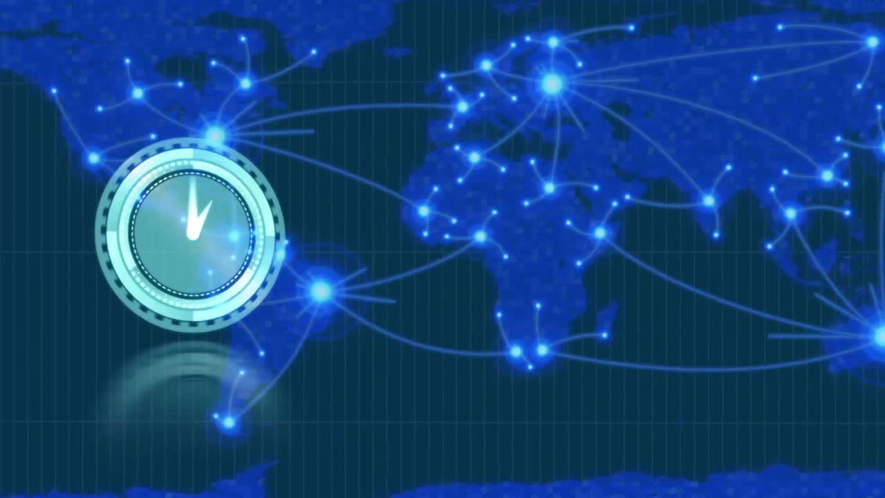 연결 네트워크와 세계 지도에 대한 시계 애니메이션