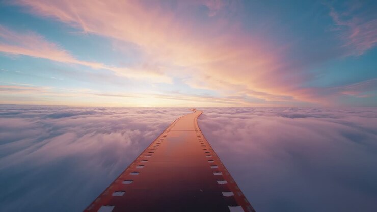 Aile d’avion métallique fendant une couche nuageuse stratiforme à haute altitude, lever du soleil