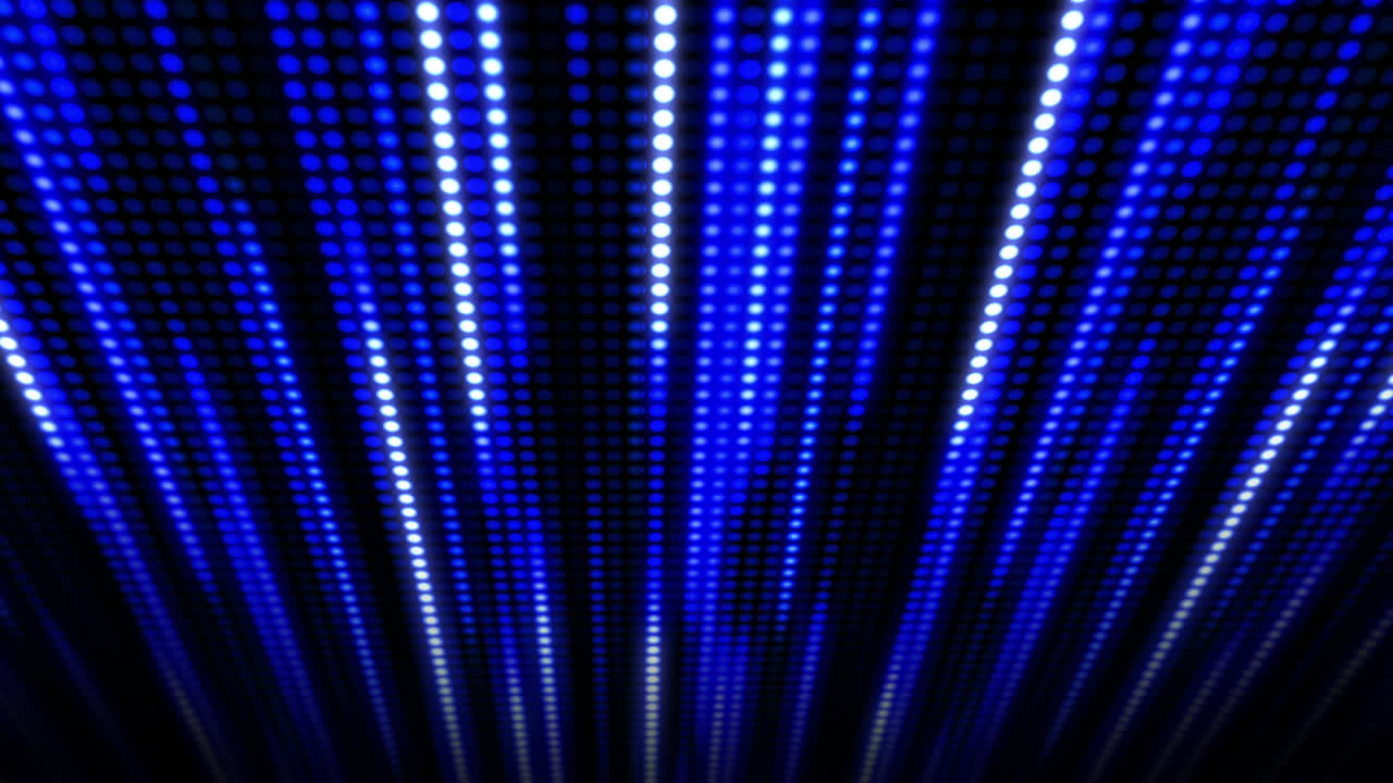 Lines of blue round light bulbs glowing. Digital abstract background with dots and pixels. Looped animation.