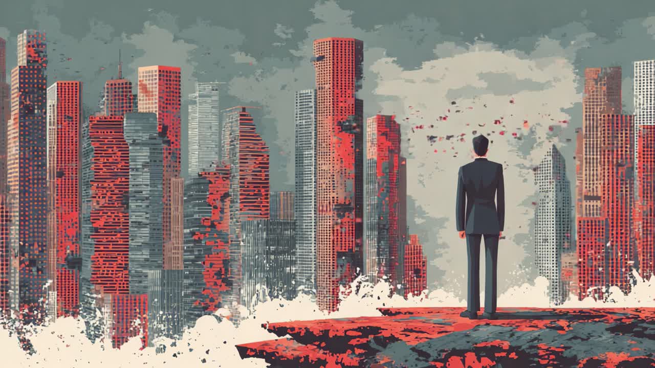 A Solitary Figure Stares Into the Expansive Urban Landscape, Encapsulating Themes of Isolation, Ambition, and the Complexity of Modern City Living Amidst a Distinctive Artistic Interpretation