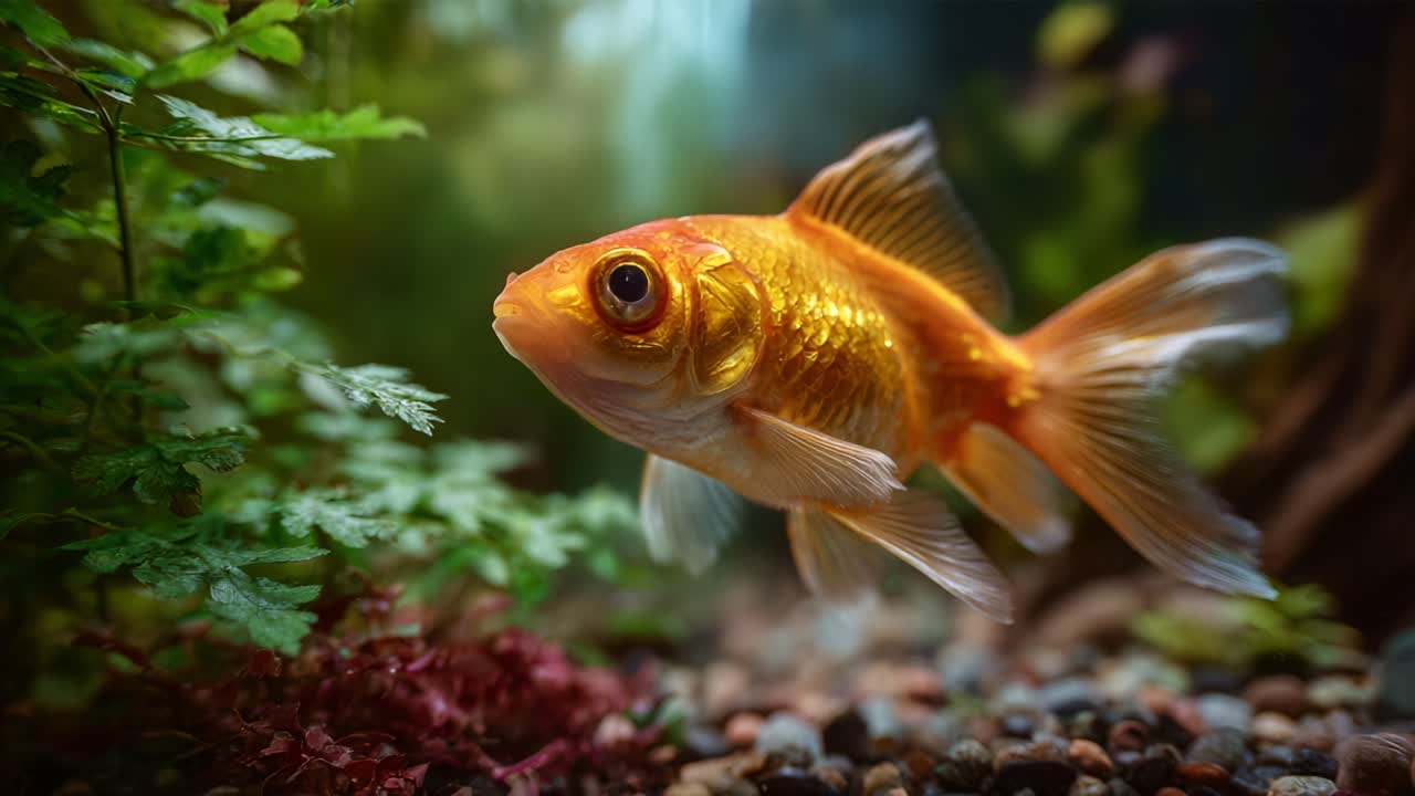 Um peixinho dourado majestoso se deliciando com a serenidade do seu habitat subaquático em meio à folhagem vibrante e seixos coloridos, exibindo movimentos elegantes e nadadeiras graciosas