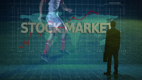 observing animation of stock market text over soccer player with graph in background