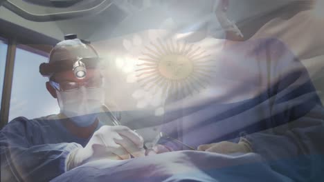animación de la bandera argentina ondeando sobre los cirujanos en el quirófano