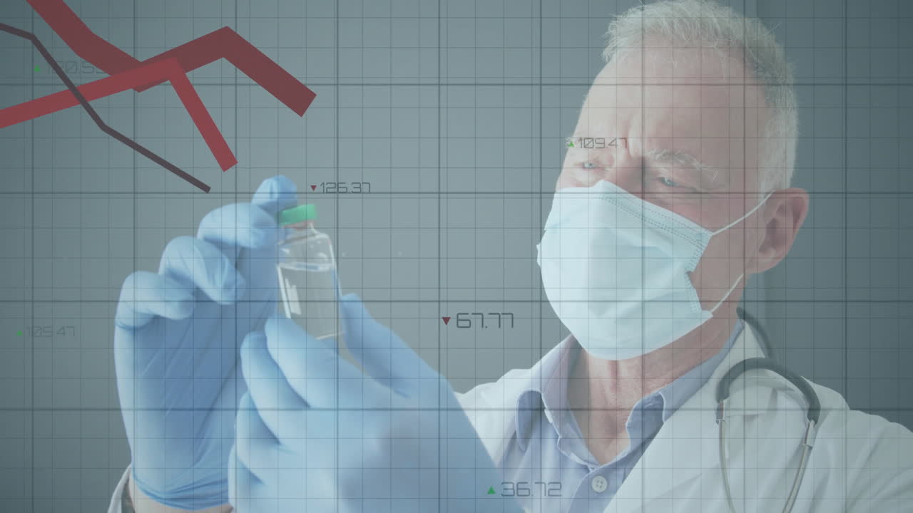Senior male doctor examining vial in healthcare lab, with animated grid and declining chart curves