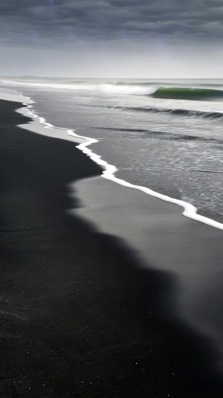 Waves Crashing on a Dark Volcanic Sand Beach During a Storm