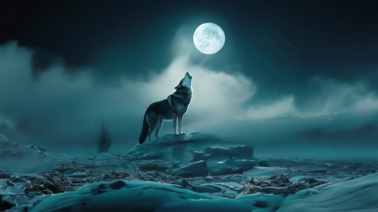The wolf howls at night at the moon on the rock