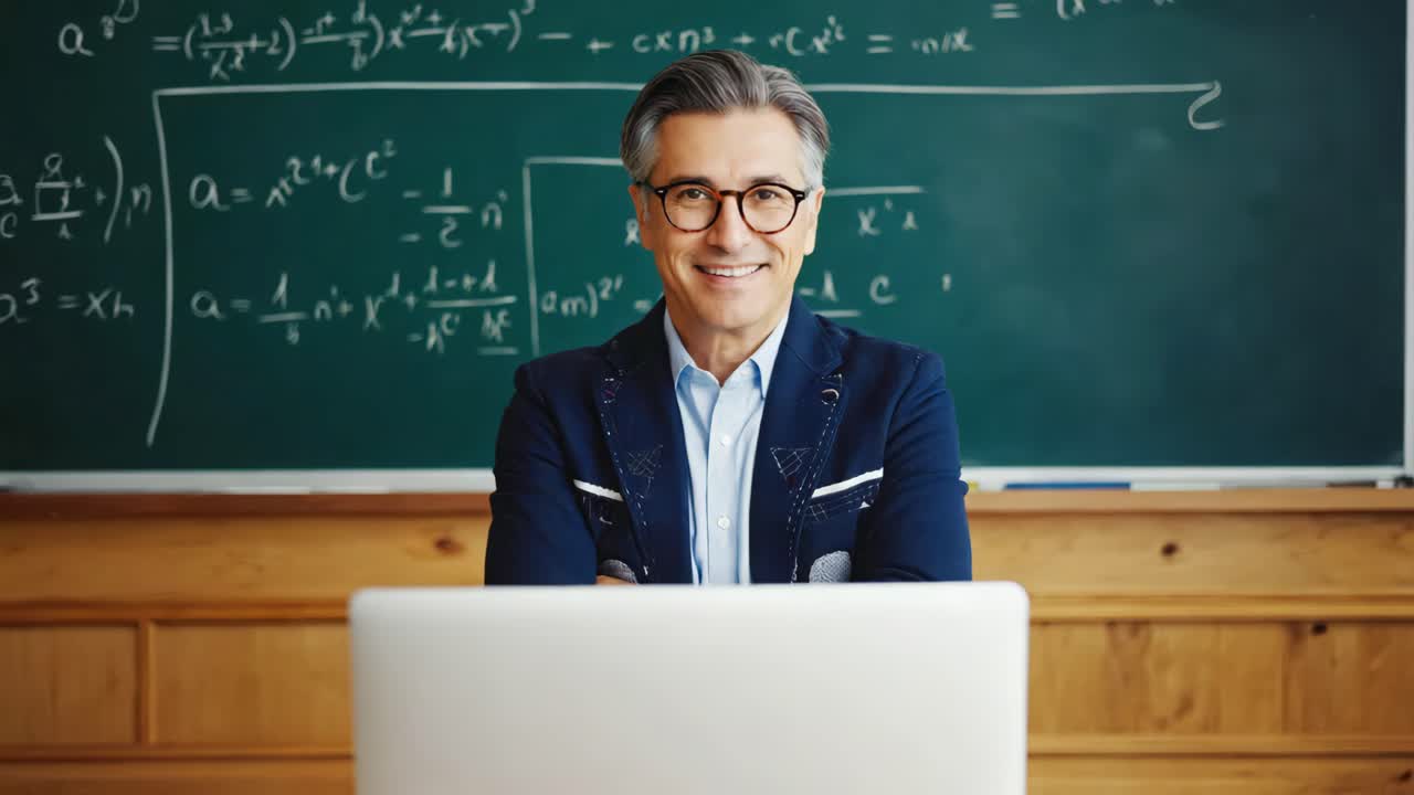 Teacher Explaining Math Formulas on a Chalkboard