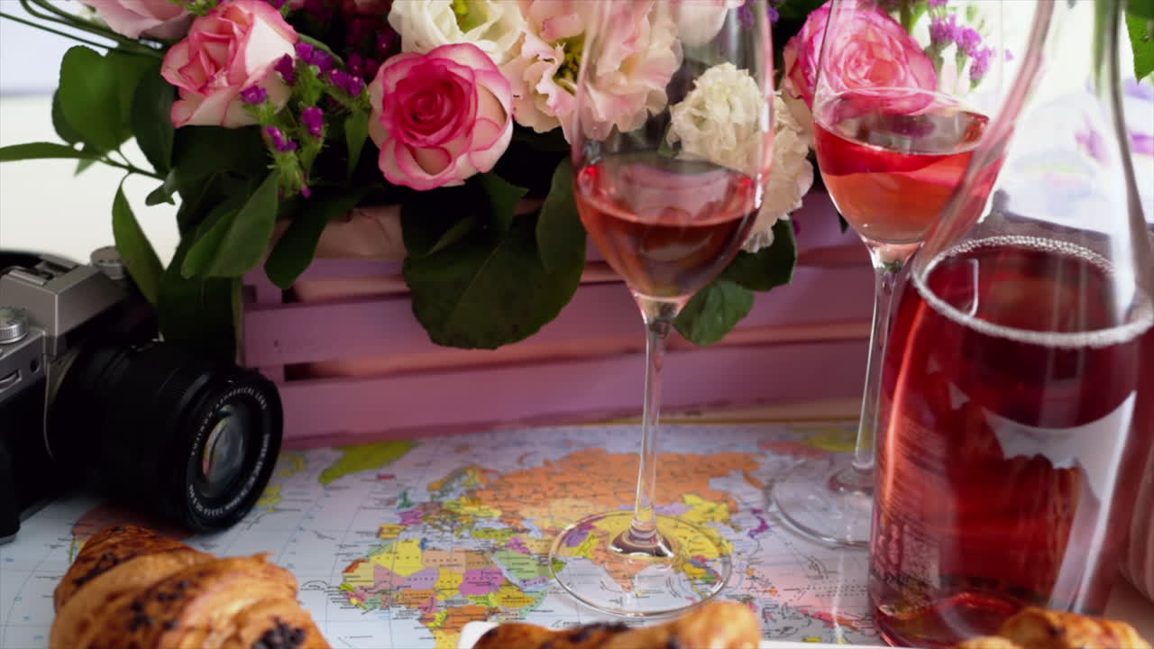 Close up of croissants and glasses of rose on a table with a pink basket of flowers