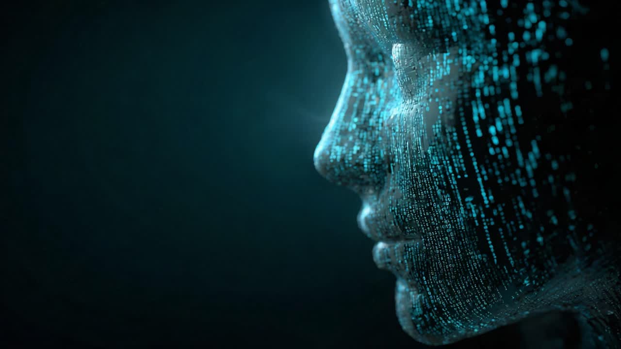 Abstract profile of a digital human face made of glowing binary code particles, representing artificial intelligence, machine learning, biometric scanning, and the future of technology