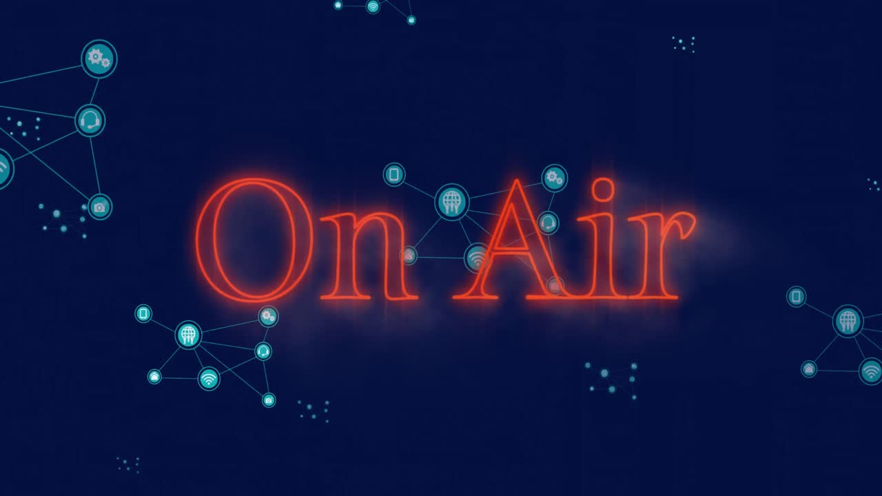 animación de texto en el aire sobre iconos conectados contra un fondo negro