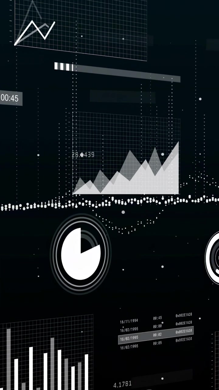 Vertikal video: På paneler som glir inn i datadashbord, stiger diagrammer, målere fylles, viser fremgang.