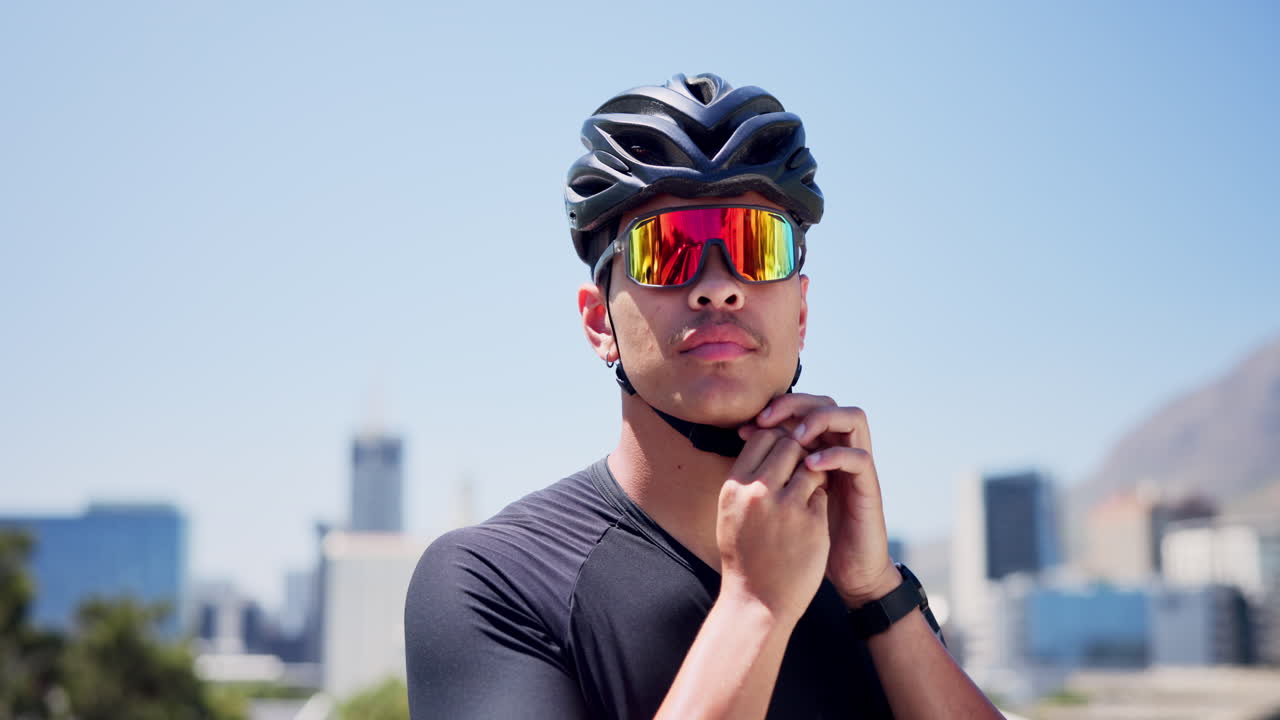 Young Male Cyclist Adjusting Helmet and Sunglasses Outdoors