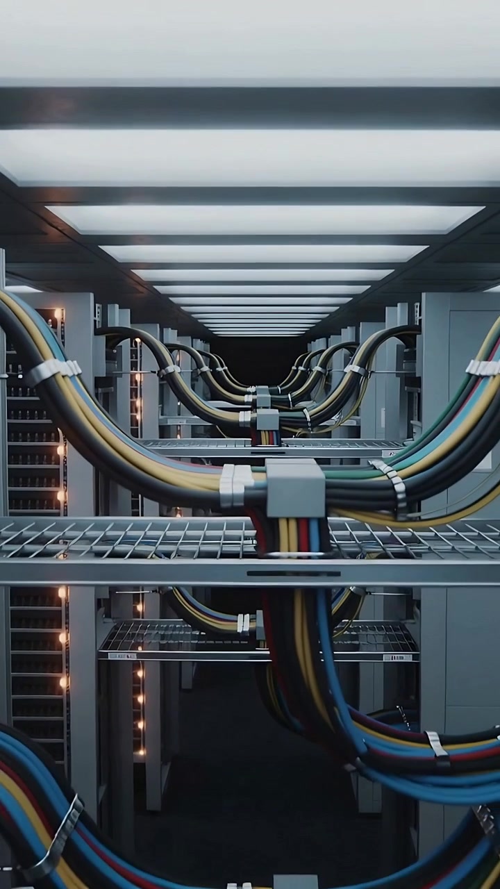 Vertical video: Moving camera revealing colored wires and connector in data center, showing routing