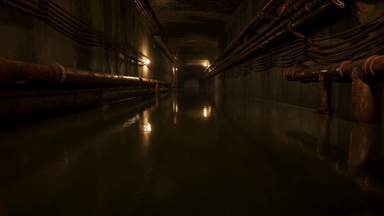 Un corridoio sotterraneo buio con tubi a vista su entrambi i lati, un pavimento bagnato e lucido e piccole luci calde che sfumano in lontananza verso un punto di fuga centrale