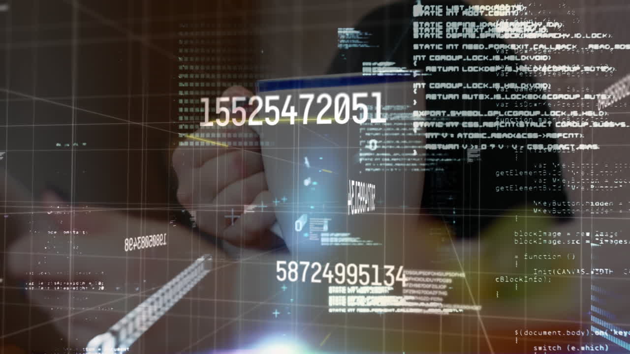 Animation of data processing over mid section of a woman holding a coffee cup at a cafe