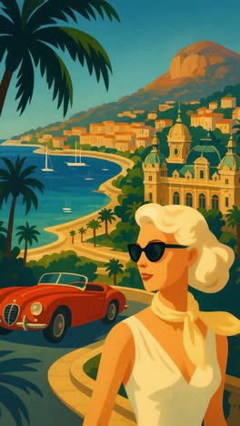 retro travel poster style with a low-angle view of a coastal city