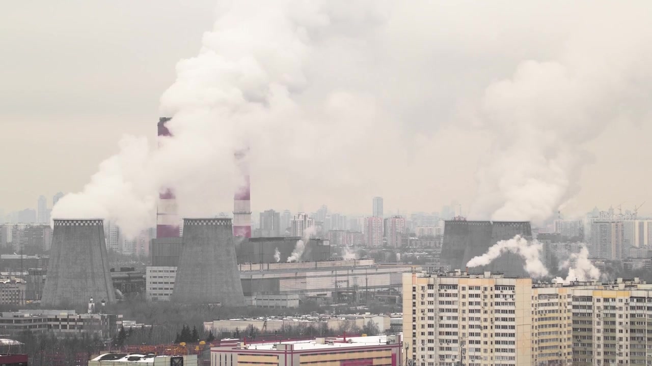 View of smocking pipes of Moscow winter day to Ozernaya street timelapse