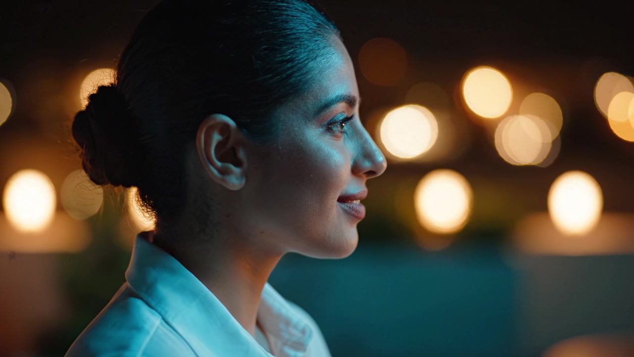 A contemplative woman gazes thoughtfully into the distance, illuminated by a warm, ambient light that enhances her serene expression in a quiet, intimate setting.
